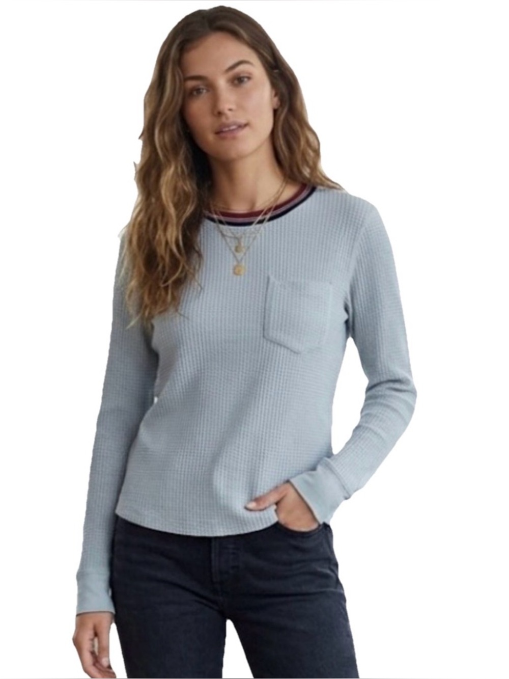 REDONE Sky Blue Pocket Women’s Thermal Long Sleeve Shirt Size Small